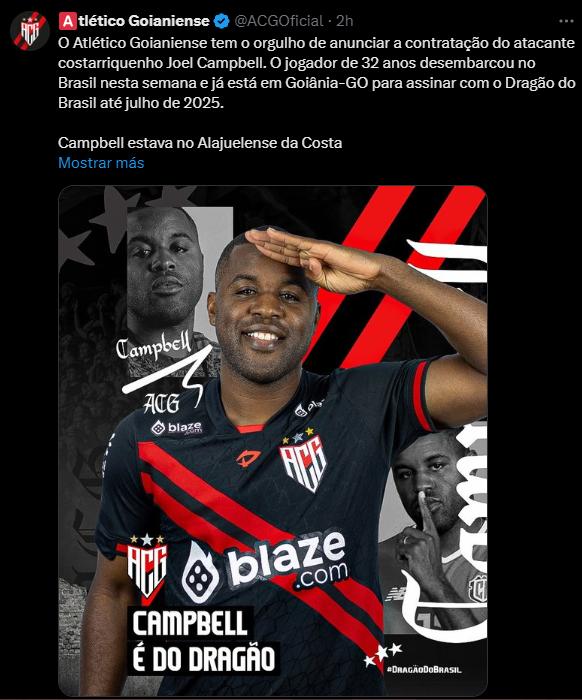 Campbell jugará en Atlético Goianiense.