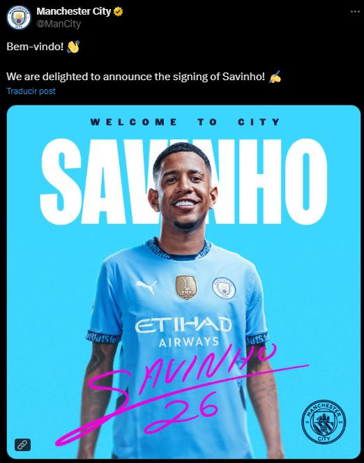 Savinho es nuevo jugador del City.