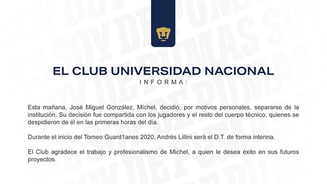 Comunicado Míchel Pumas